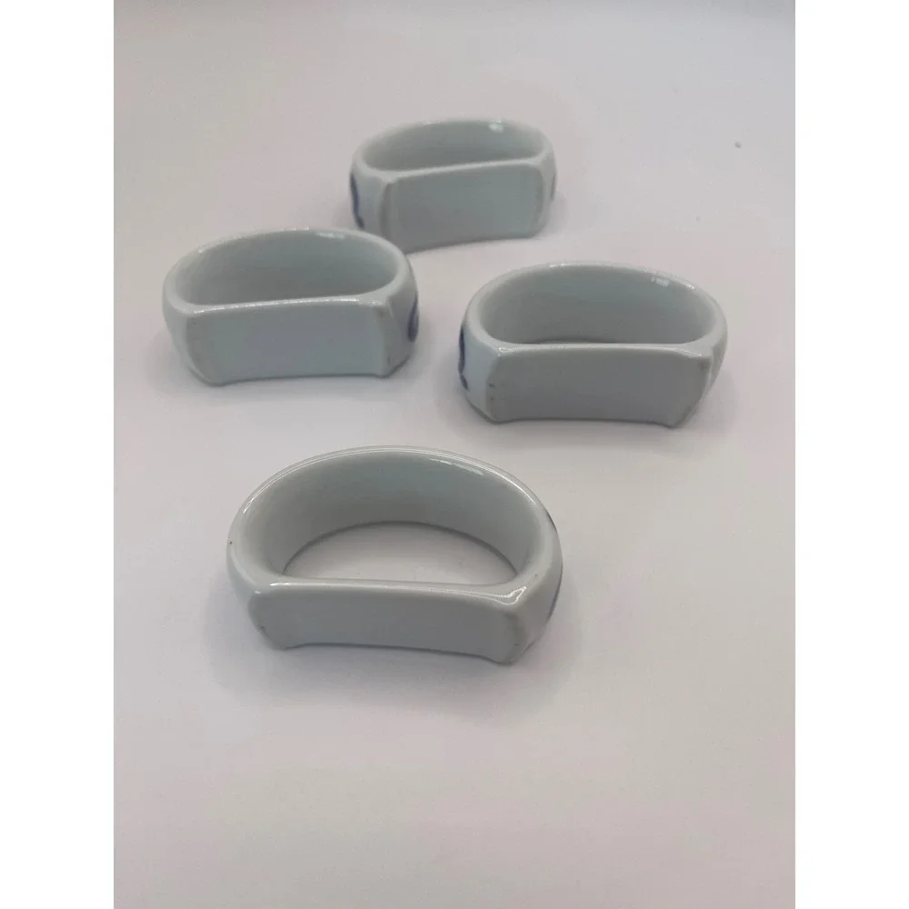 Vintage Pier One Ceramic  napkin Rings Set of 4 Blue White Floral  Butterfly